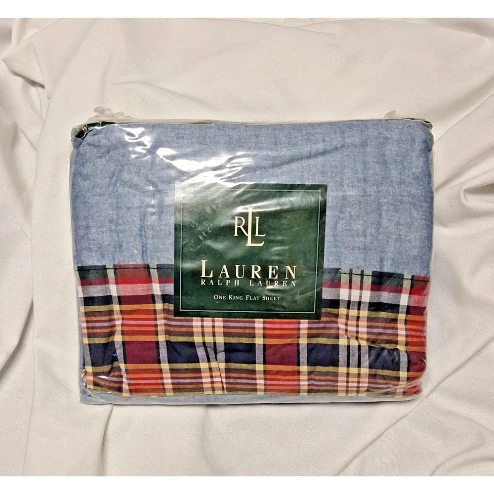 Vintage Ralph Lauren‎ KING Flat KENNEBUNKPORT Plaid Blue Chambray Sheet Rare New